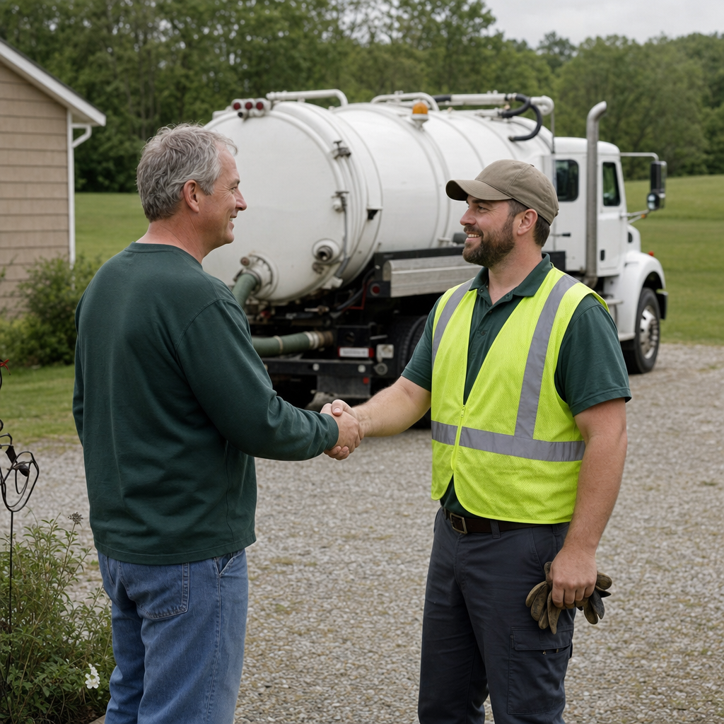 A septic technician shaking a Town 'n' Country homeowner's hand beside the service truck after a completed pump-out