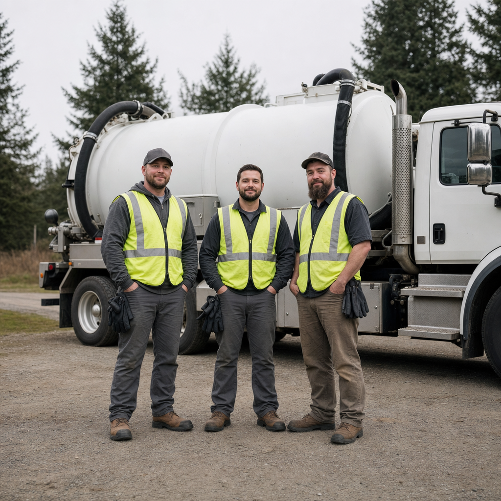 The Town 'n' Country septic pumping crew standing together beside their clean white vacuum truck on a residential street