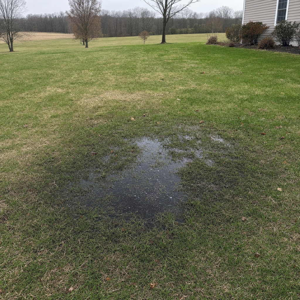 A dark, saturated wet spot in a Town 'n' Country backyard lawn marking a failing cesspool at capacity