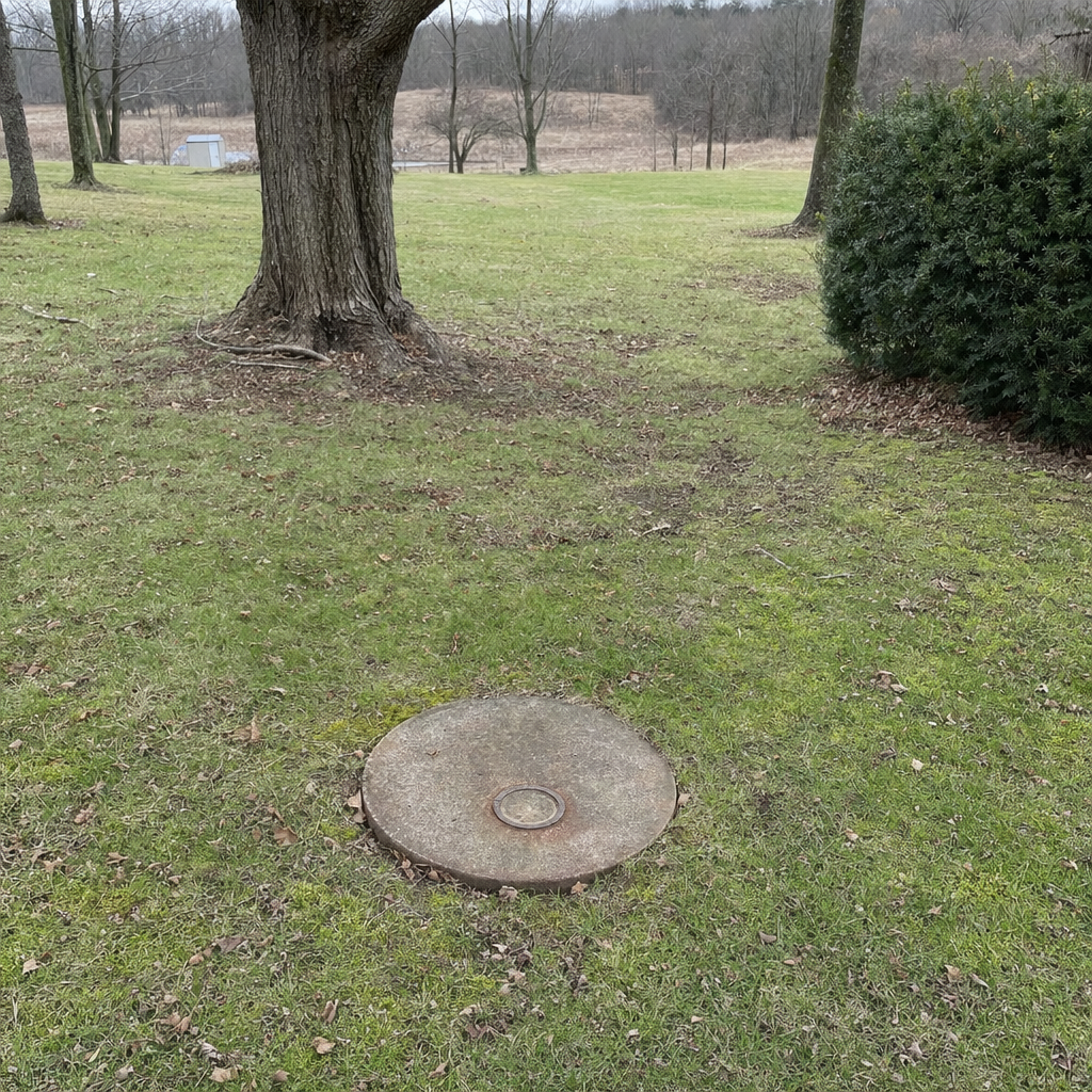 An older round cesspool access lid set flush in an established, mature Town 'n' Country backyard lawn