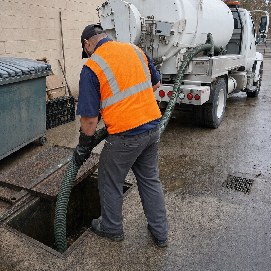 Technician pumping a grease trap behind a Town 'n' Country restaurant