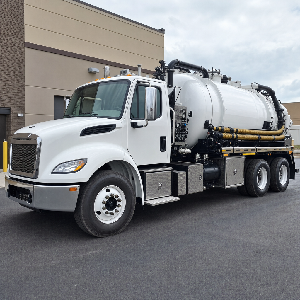 Commercial septic vacuum truck parked in a Town 'n' Country business parking lot