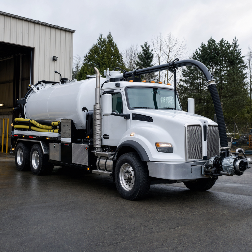 A clean white septic vacuum truck rolling out of a tidy Town 'n' Country service depot at the start of the day