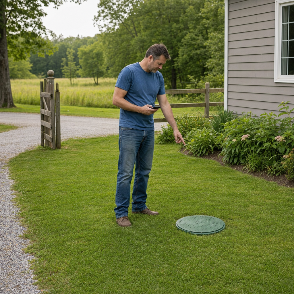 A Town 'n' Country-area homeowner standing in the backyard noting where the septic tank lid and access route are located