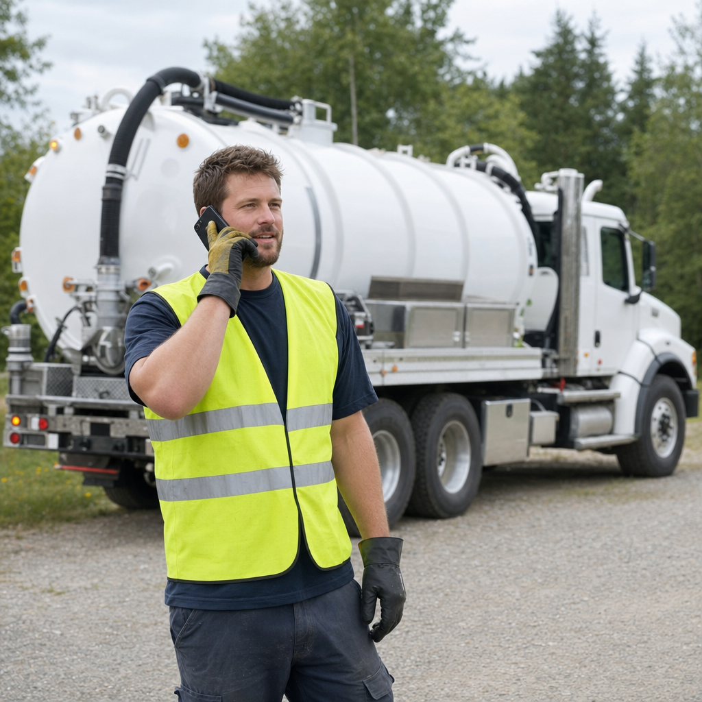 A friendly septic dispatcher holding a phone, ready to answer a Town 'n' Country homeowner's call about a pump-out