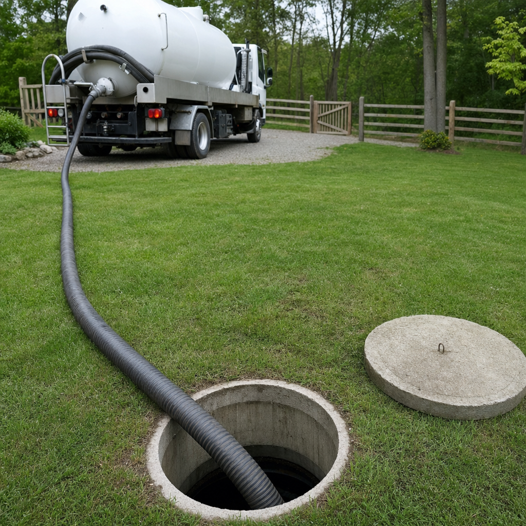 Suction hose connected to an open septic tank, drawing it down in a tidy Town 'n' Country yard