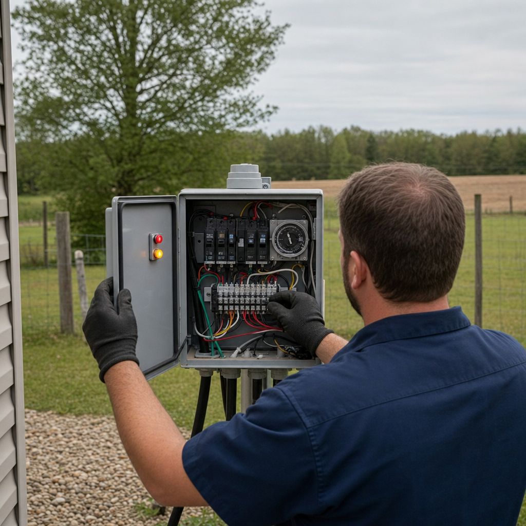 Technician checking an aerobic septic control box with a lit red high-water alarm during a same-day Town 'n' Country visit