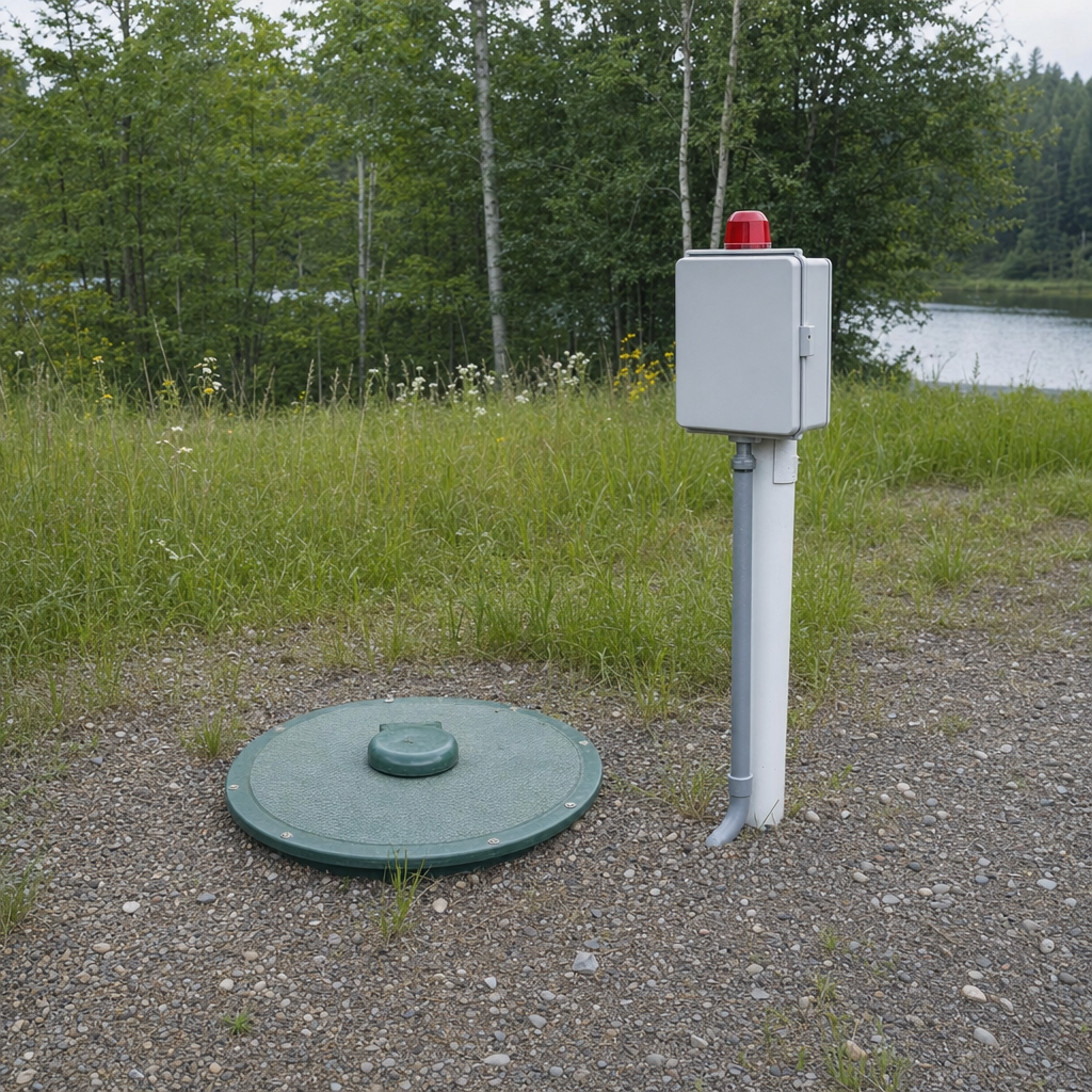 A wastewater holding tank access lid set in the ground at a rural Town 'n' Country-area cabin, with a mounted high-level float alarm panel nearby