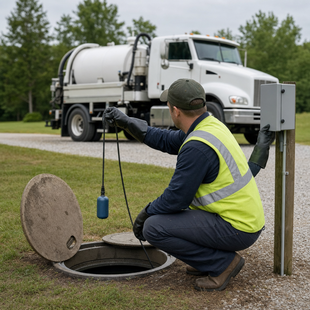 A septic technician in a high-visibility vest checking a high-level float switch and alarm panel on a holding tank at a rural Town 'n' Country-area site