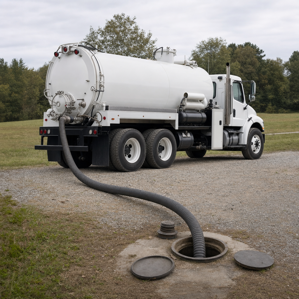 An unmarked white vacuum truck emptying a wastewater holding tank on a scheduled visit at a rural Town 'n' Country-area property, thick suction hose running to the tank lid