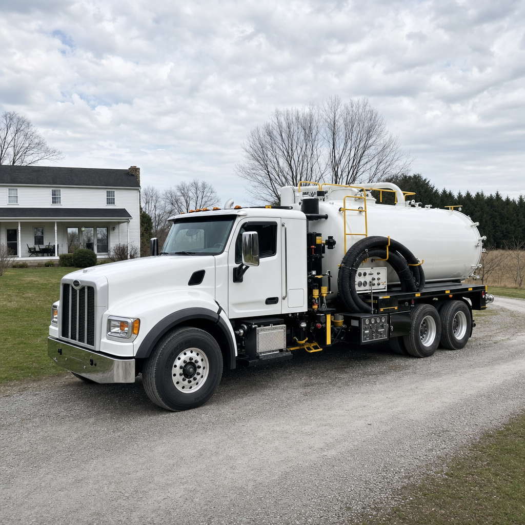 A clean white septic vacuum truck parked on a tidy Town 'n' Country driveway with the suction hose neatly coiled