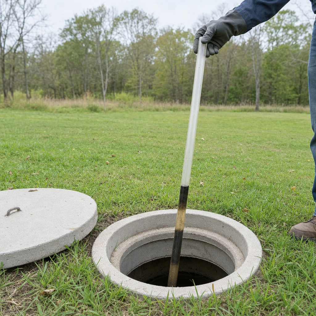 A septic sludge-judge measuring stick lowered into an open Town 'n' Country septic tank to read the depth of the sludge and scum layers before deciding whether a pump-out is due