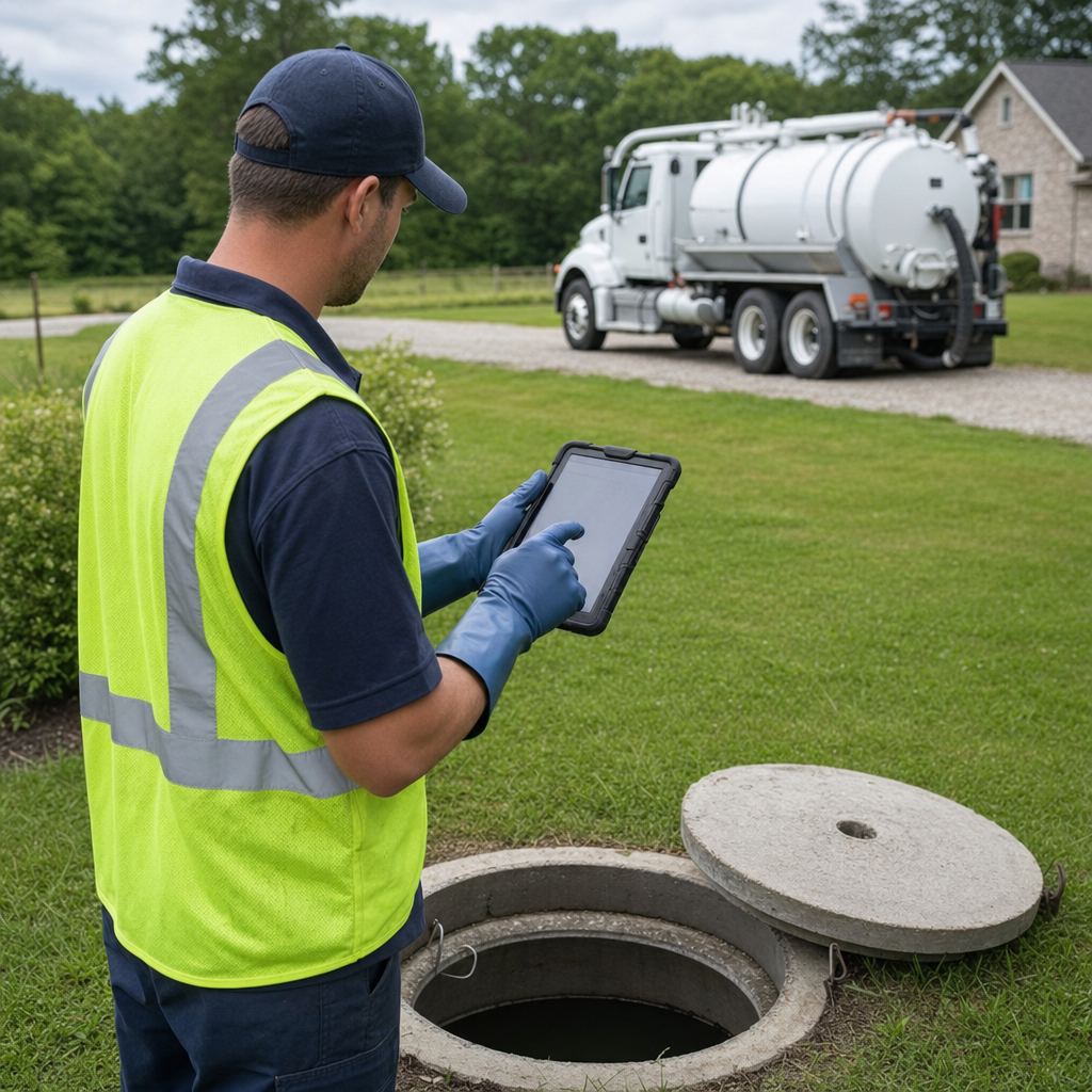 A septic technician recording a Town 'n' Country home's pump-out date and tank condition on a tablet beside an open access lid, tracking the service history that sets the next due date