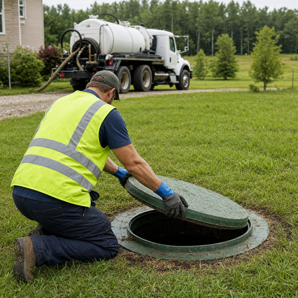 Septic technician kneeling on a Town 'n' Country lawn, lifting the access lid on a residential septic tank