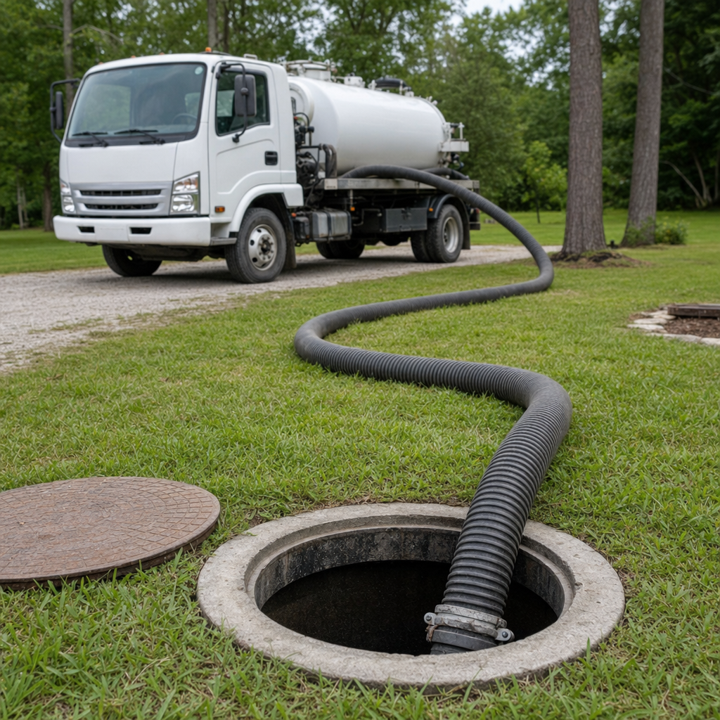 Thick ribbed suction hose lowered into a clean open septic tank port on a tidy Town 'n' Country backyard lawn