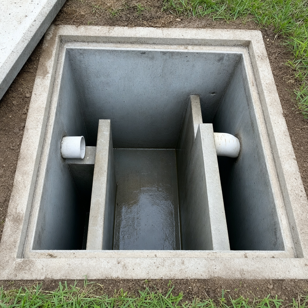 Inspection of the concrete baffles inside an open, emptied and freshly cleaned Town 'n' Country septic tank