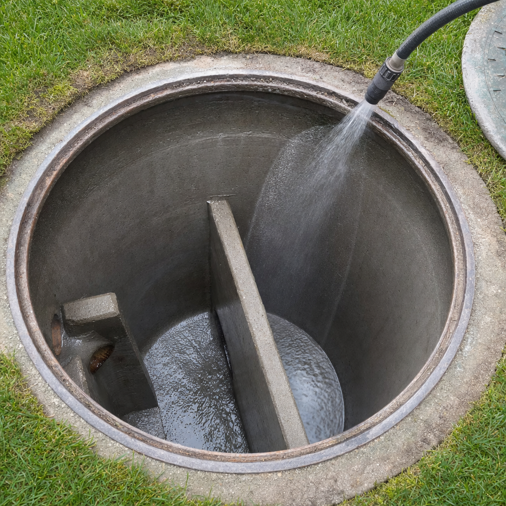 Interior concrete walls of an emptied Town 'n' Country septic tank being rinsed clean with the truck's onboard water hose