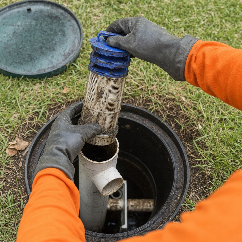 Septic technician's gloved hands lifting the effluent filter cartridge out of the outlet housing on a Town 'n' Country septic tank