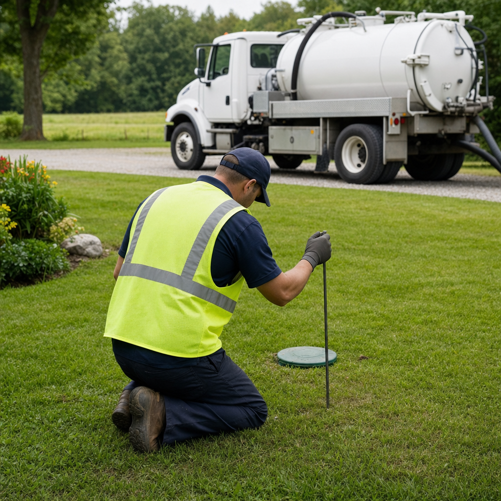 Septic technician kneeling on a Town 'n' Country lawn, probing to locate and measure the depth of a buried septic tank lid before pumping