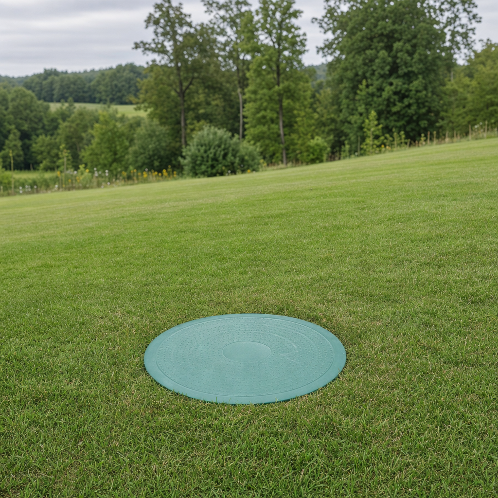 A newly installed septic riser bringing the tank lid up flush to grade in a Town 'n' Country yard for easy future access