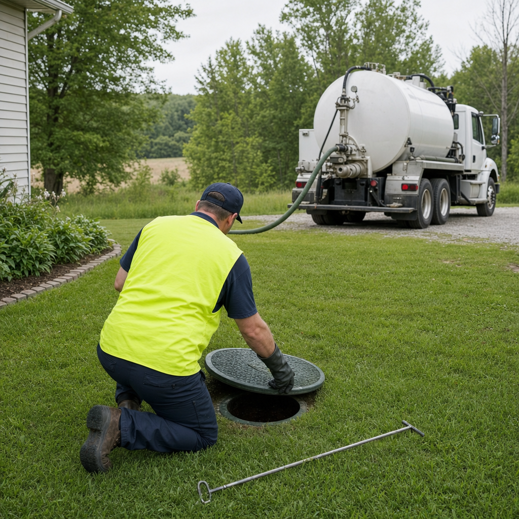 Septic technician kneeling on a Town 'n' Country lawn, lifting the buried access lid on a residential septic tank
