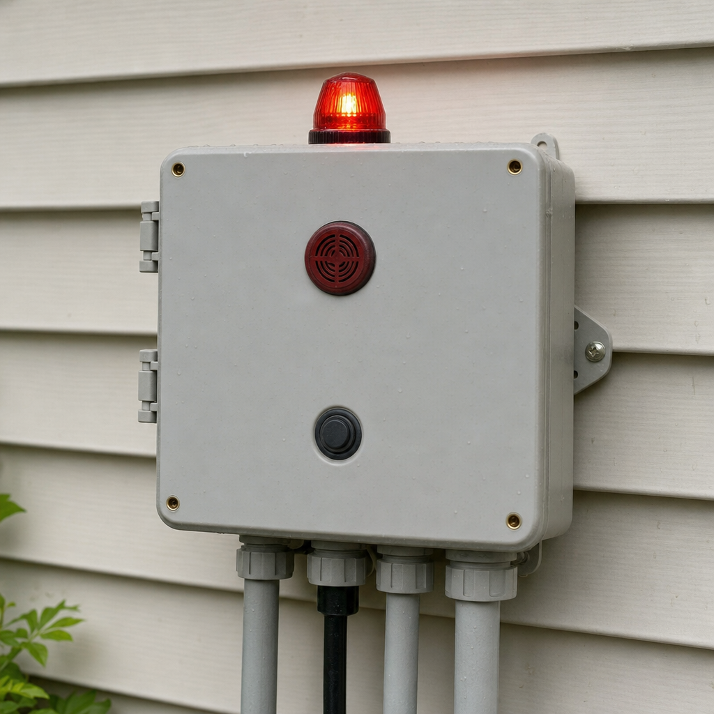 An aerobic septic system control panel mounted outside a Town 'n' Country home with its red high-water alarm light lit