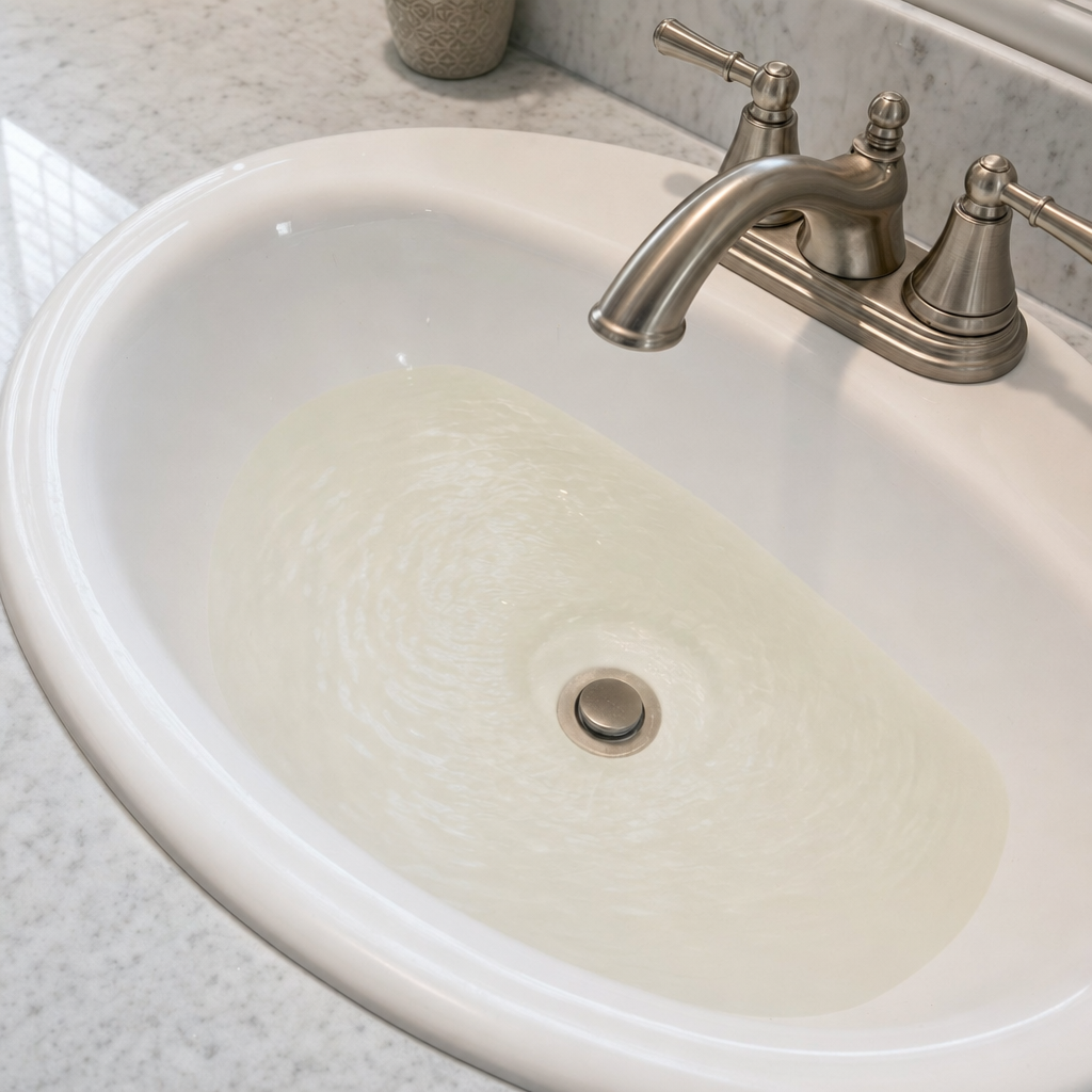 A bathroom sink draining slowly with water pooled in the basin, an early warning sign that a Town 'n' Country septic tank is full